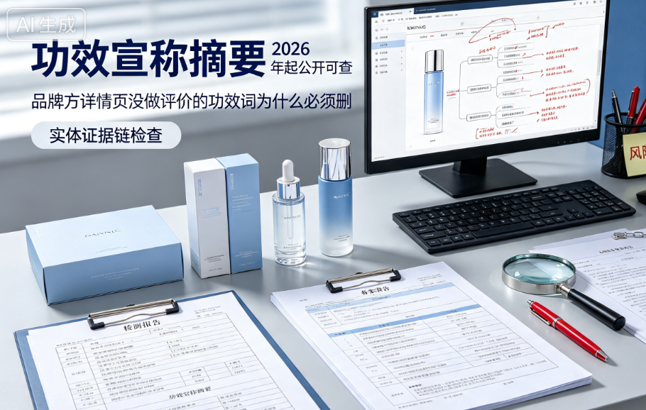 功效宣称摘要 2026 年起公开可查,品牌方详情页没做评价的功效词为什么必须删