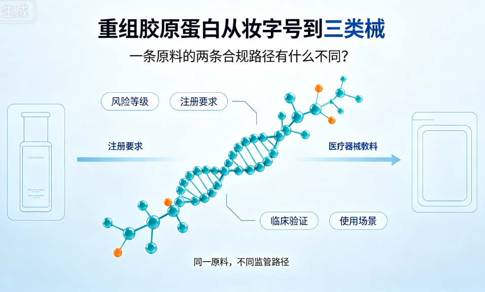 重组胶原蛋白从妆字号到三类械：一条原料的两条合规路径有什么不同？4个关键差异